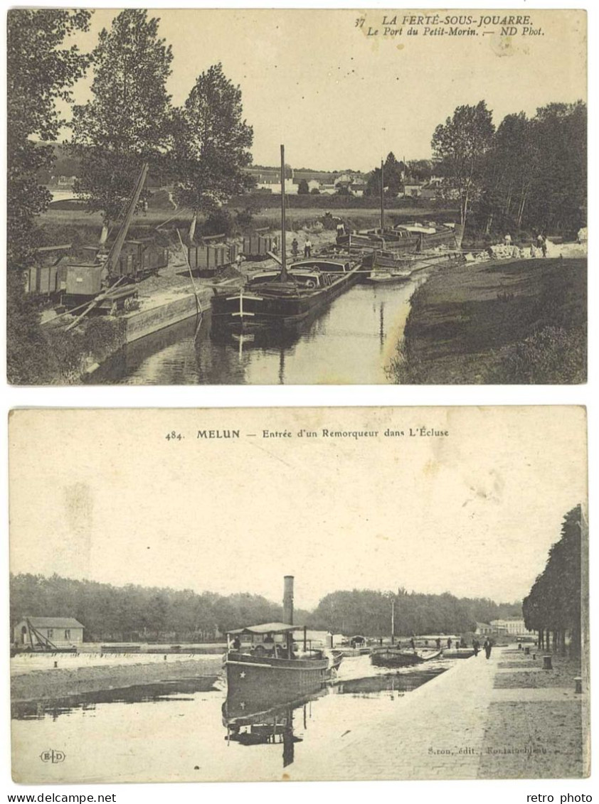 2 Cpa Péniches - Melun, Entrée D'un Remorqueur .../ La Ferté Sous Jouarre, Port Du Petit-Morin  ( BA ) - Péniches