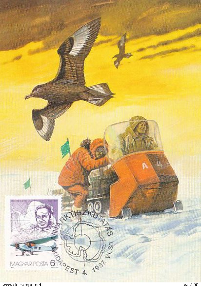 SOUTH POLE, ANTARCTIC RESEARCH, BIRD, EXPLORERS, VEHICLE, PLANE, CM, MAXICARD, CARTES MAXIMUM, 1987, HUNGARY - Sonstige & Ohne Zuordnung