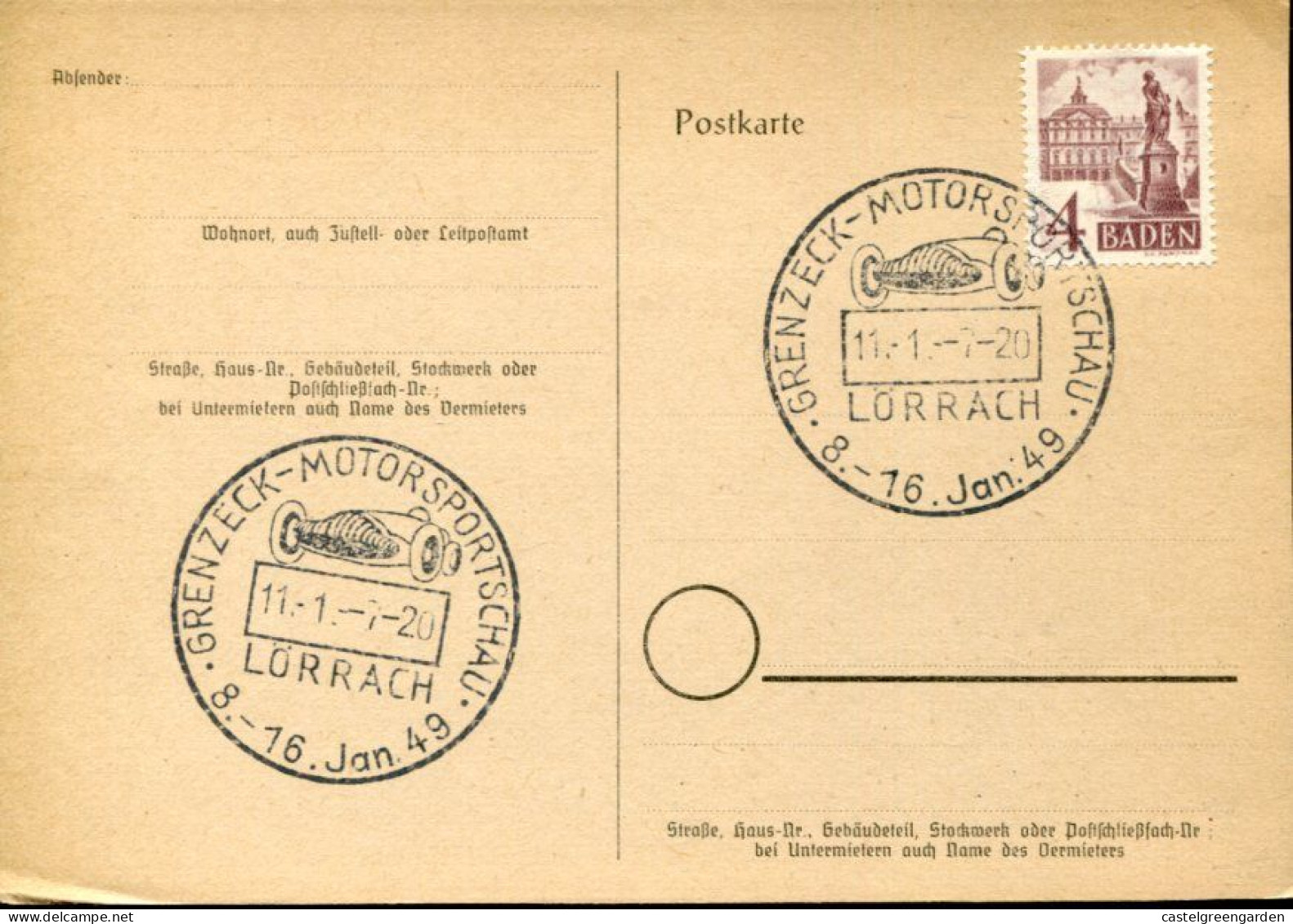 X0104 Germany, Special Postmark 1949 Grenzeck Motor Sportschau, Auto Rennen Auto Racing - Auto's