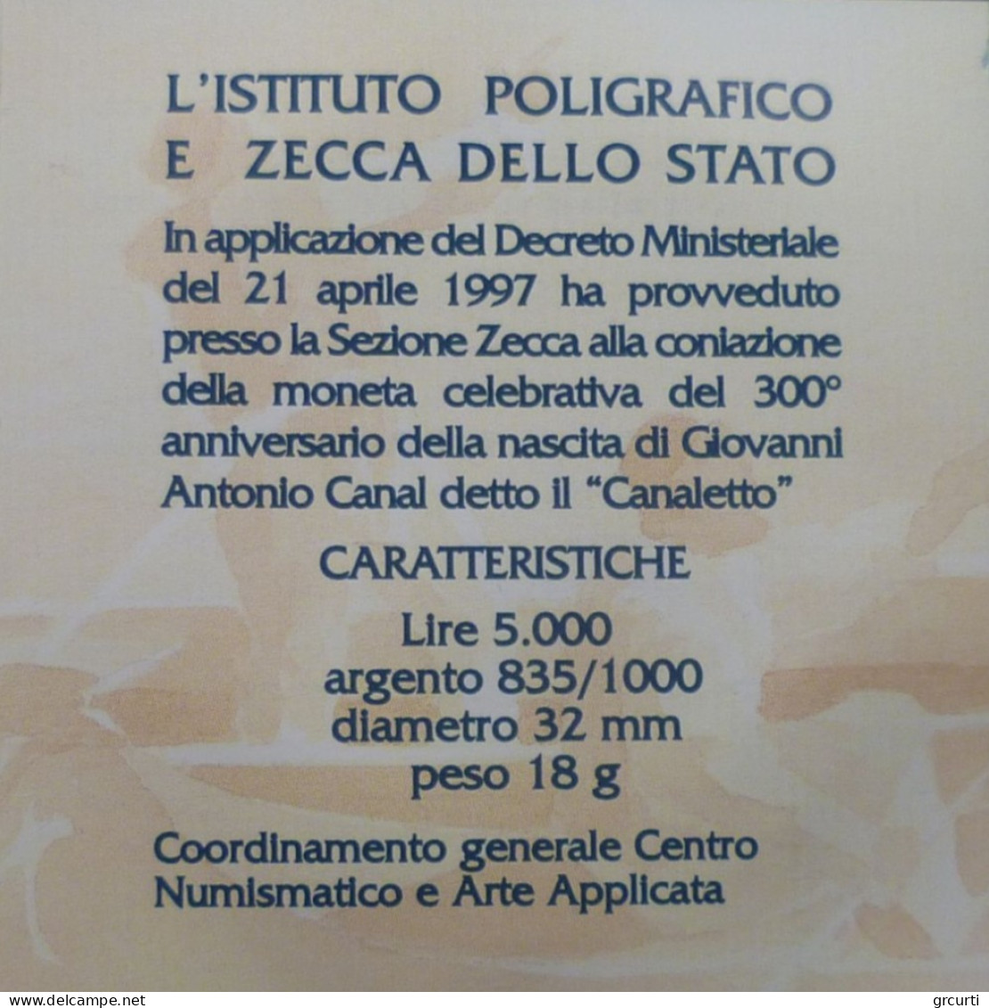 Italia - 5.000 Lire 1997 - Giovan Antonio Canal Detto Il "Canaletto" - Gig# 473P - KM# 189 - 5 000 Liras