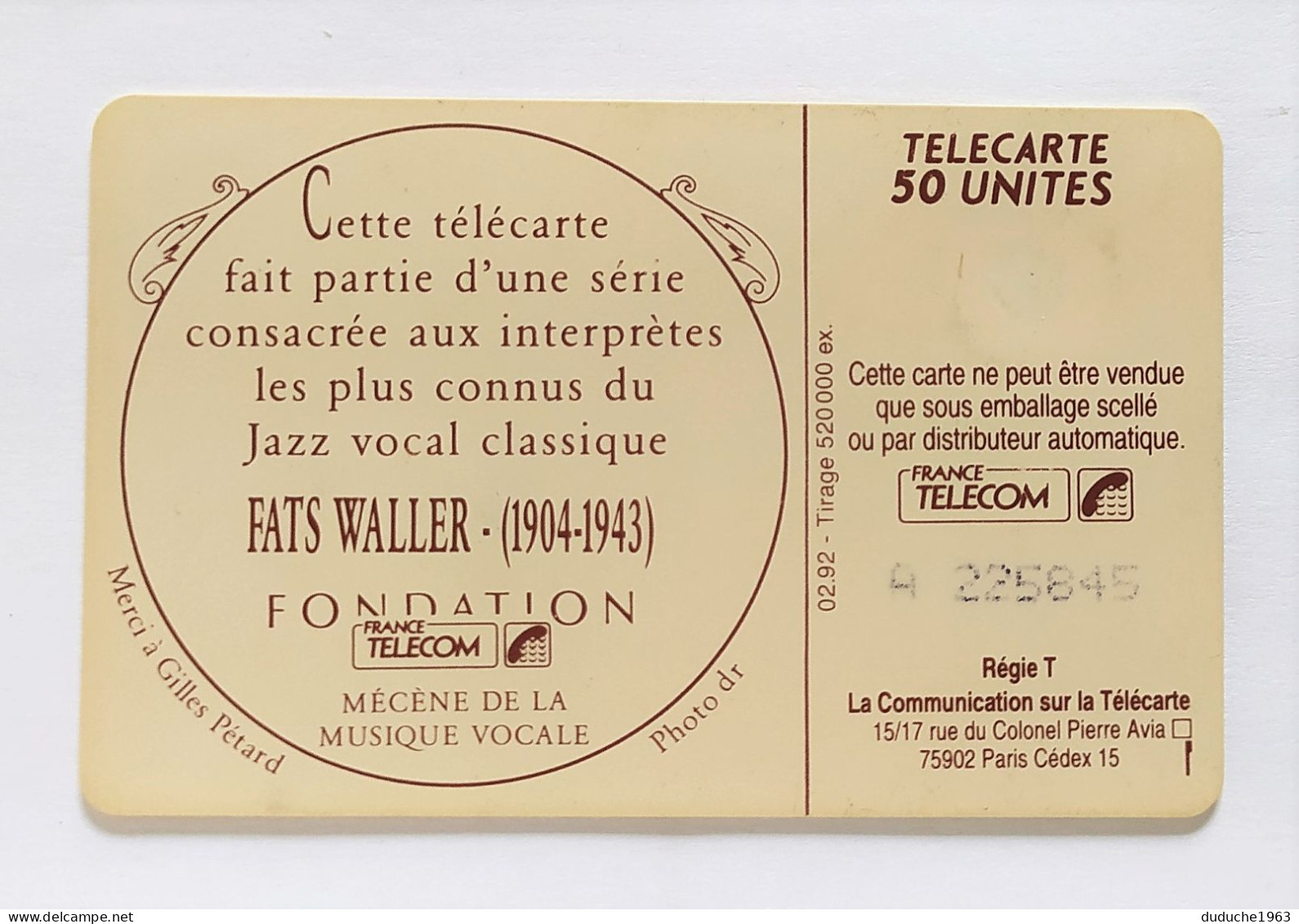 Télécarte France - L'Art Vocal. Fats Waller - Ohne Zuordnung