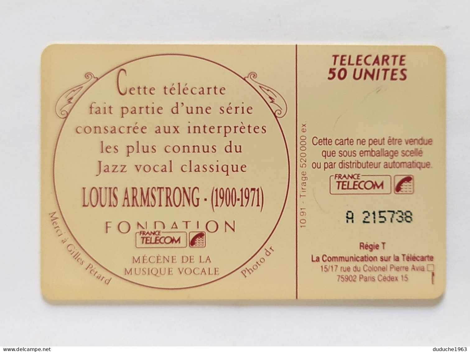 Télécarte France - L'Art Vocal. Louis Armstrong - Ohne Zuordnung