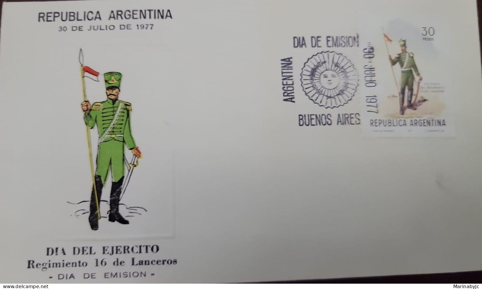 D)1977, ARGENTINA, FIRST DAY COVER, ISSUE, ARMY DAY, SOLDIER OF THE 16TH LANCER REGIMENT, FDC - Other & Unclassified