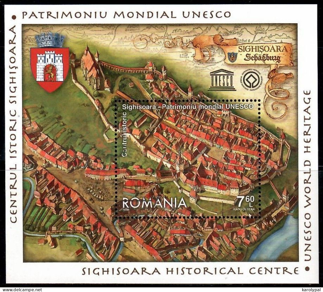 Romania, 20ö9  CTO, Mi. Bl. Nr. 449                     Historic Centre Of Sighişoara (World Heritage 1999),     UNESCO - Used Stamps