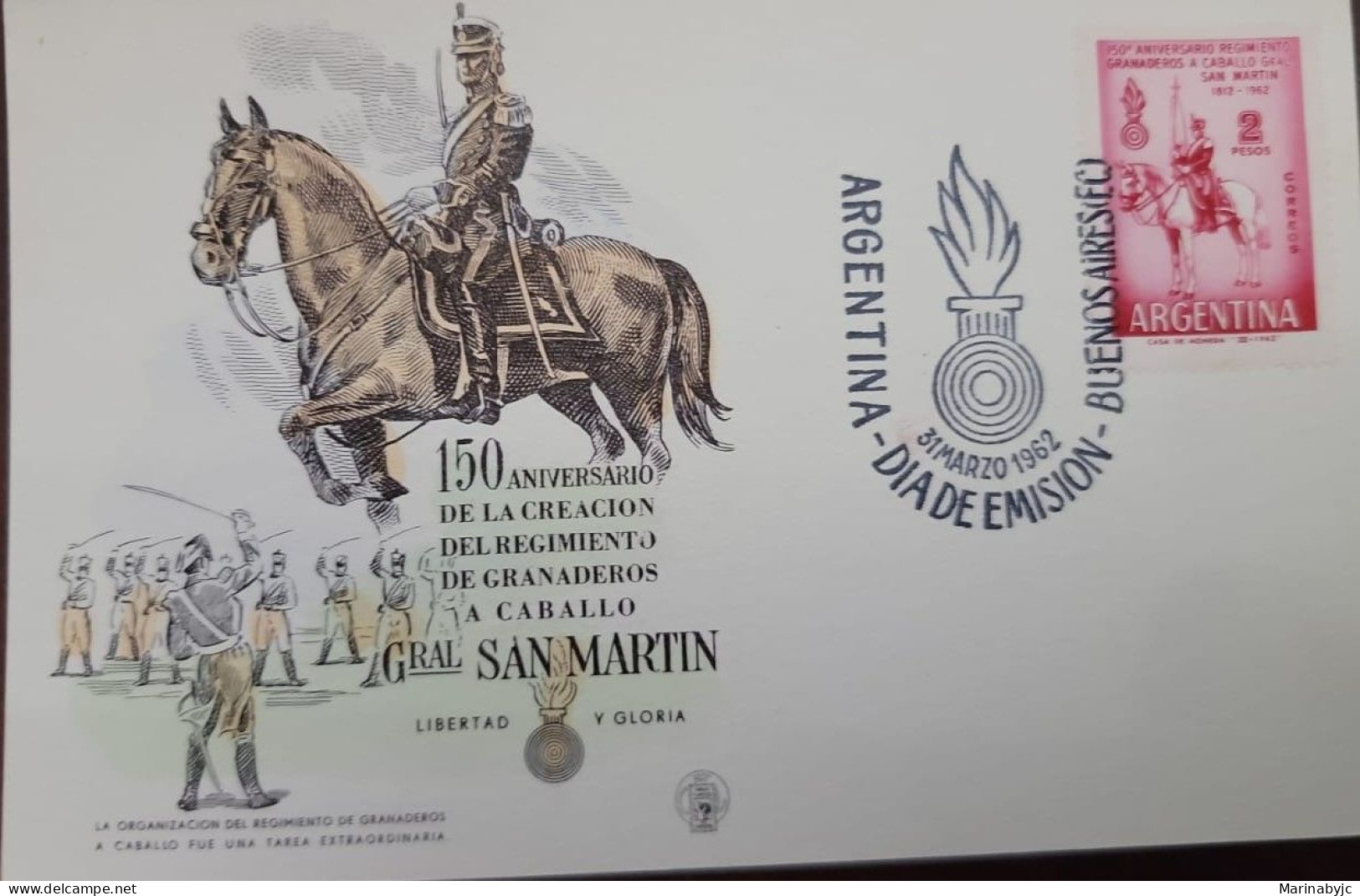 D)1962, ARGENTINA, FIRST DAY COVER, ISSUE, CL ANNIVERSARY OF THE GENERAL SAN MARTÍN'S HORSE GRENADE REGIMENT, FDC - Other & Unclassified