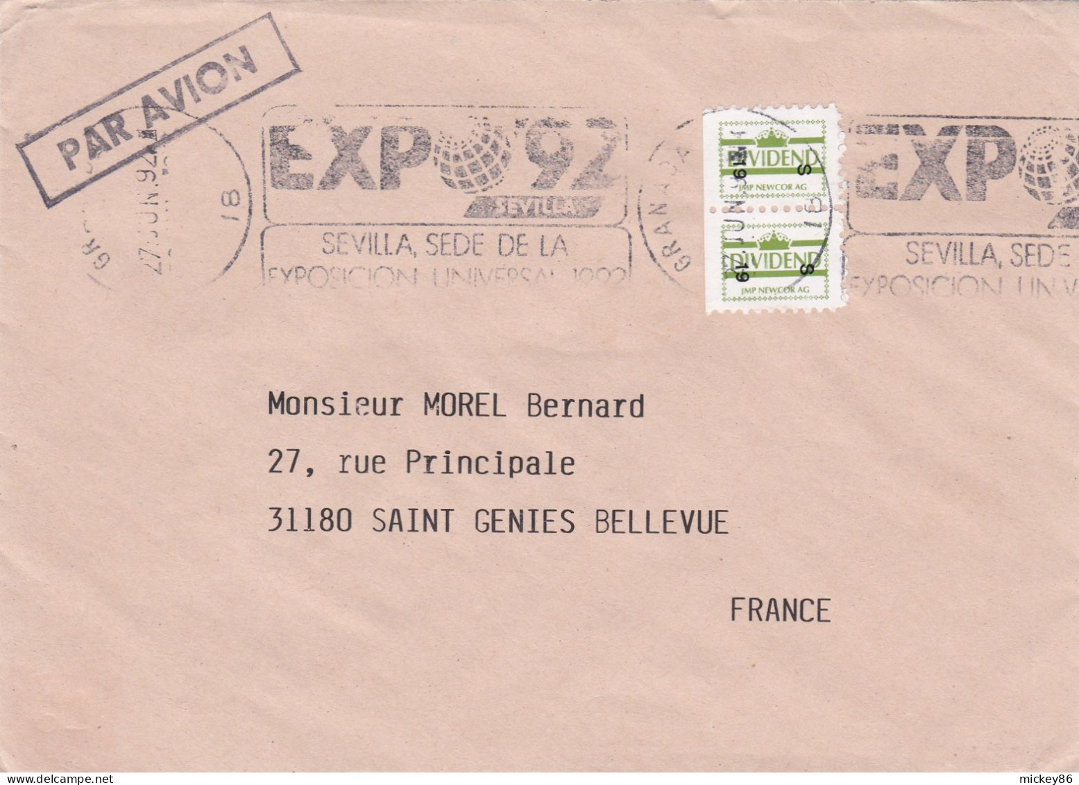 ESPAGNE -1992--lettre SEVILLA Pour St GENIES-31 (France) .paire Verticale De Timbres DIVIDEND, Cachet EXPO 92 - Lettres & Documents