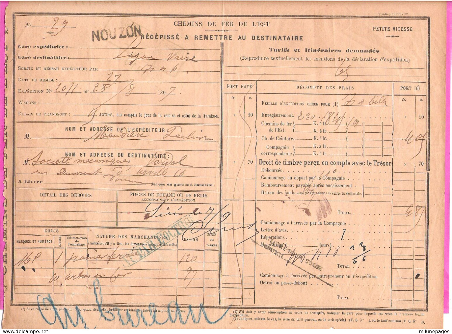 Récepissé Transport Chemin De Fer De L'Est En Petite Vitesse Linéaire Gare Nouzon Pour 1 Colis En 1897 Nombreux Cachets - Other & Unclassified