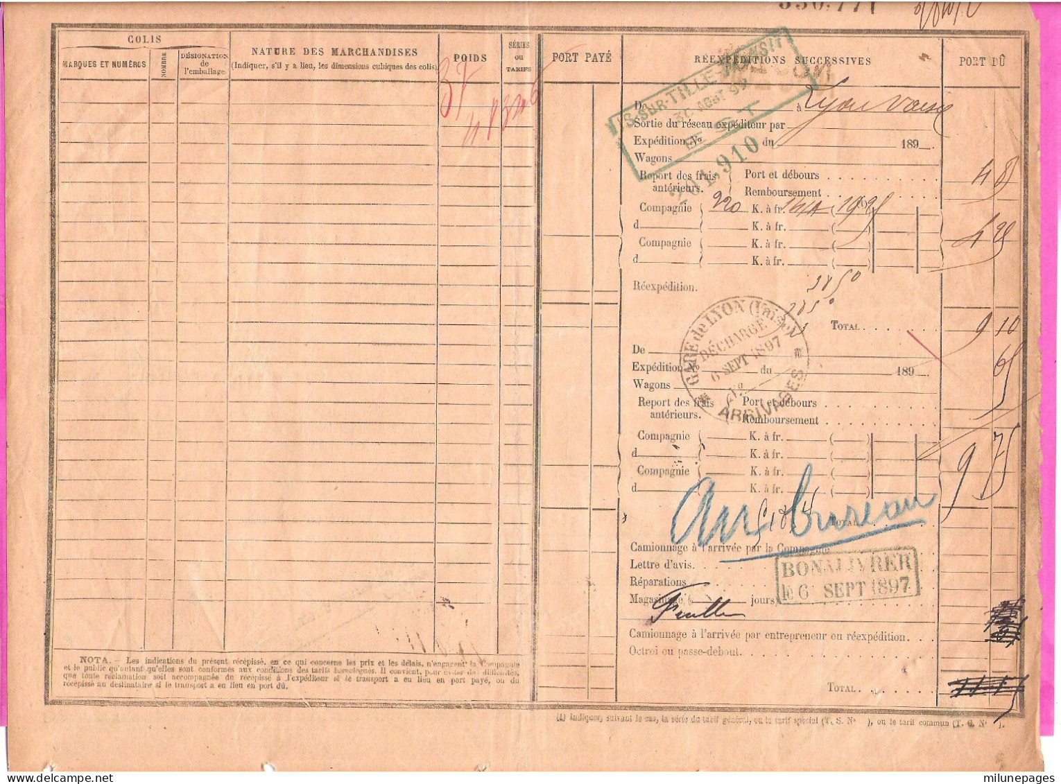 Récepissé Transport Chemin De Fer De L'Est En Petite Vitesse Linéaire Gare Nouzon Pour 1 Colis En 1897 Nombreux Cachets - Sonstige & Ohne Zuordnung