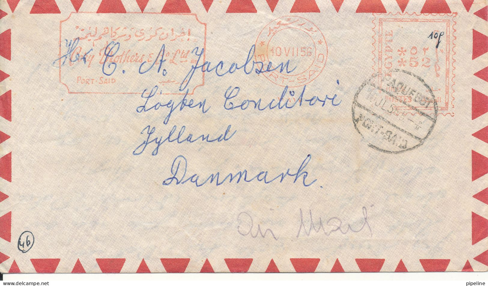 Egypt Air Mail Cover With Red Meter Cancel 10-7-1956 Paquebot Port Said Sent To Denmark - Covers & Documents