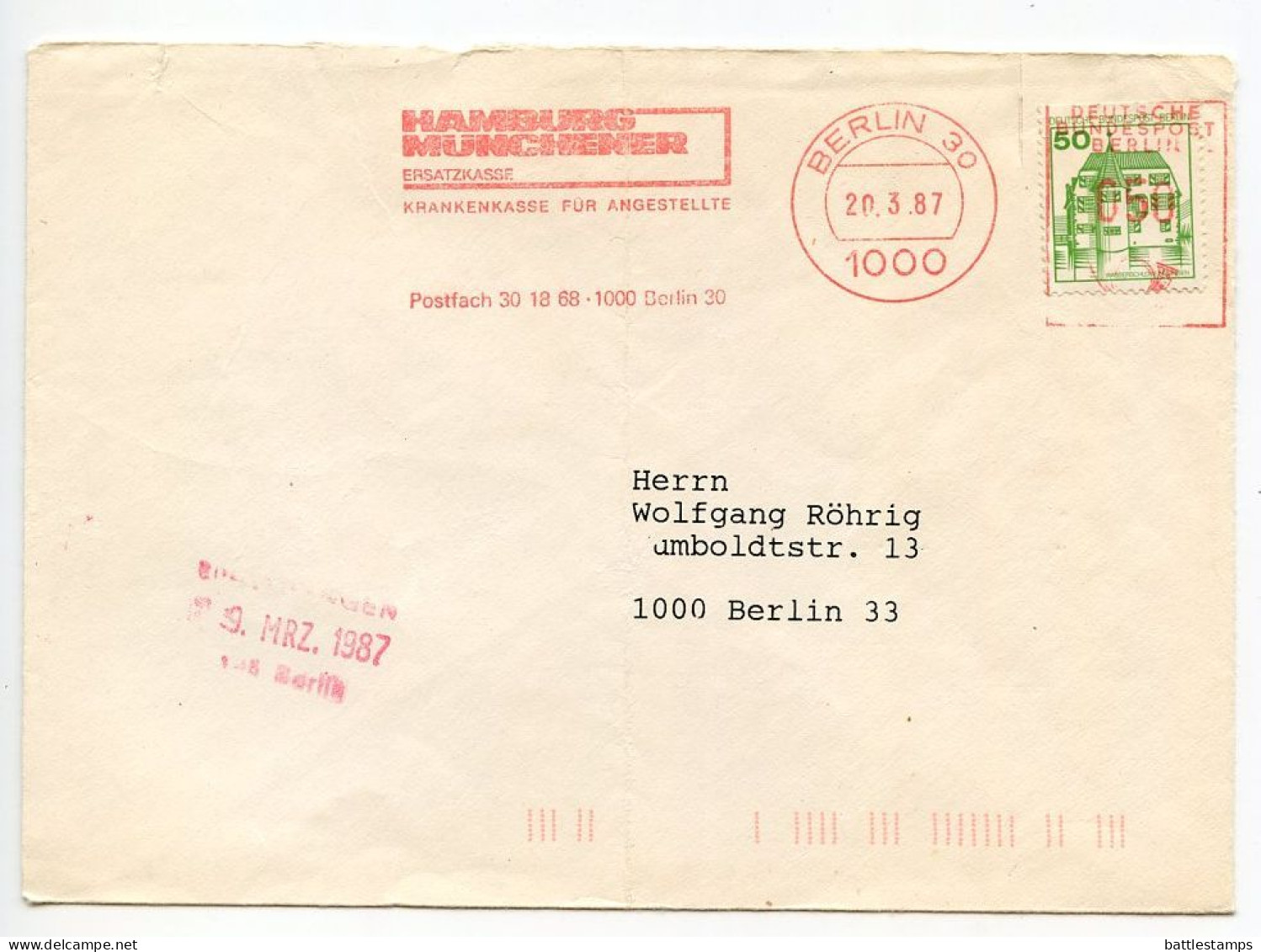 Germany, Berlin 1987 50pf. Meter Cover; Hamburg Münchener Slogan Cancel; Additional 50pf. Inzlingen Castle Stamp - Machines à Affranchir (EMA)