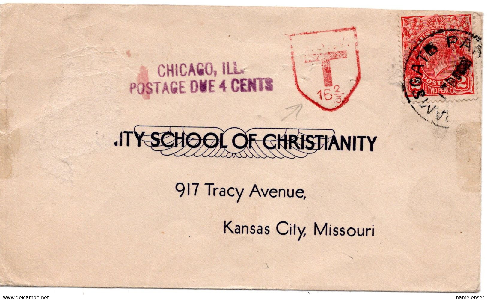 77421 - Australien - 1928 - 2d KGV EF A Bf RAMSGATE -> Kansas City, MO (USA), M Austral & US-Nachportostpln - Covers & Documents