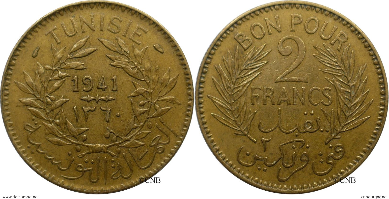 Tunisie - Protectorat Français - Ahmed Bey - 2 Francs 1941-AH1360 - TTB+/AU50 - Mon5433 - Túnez