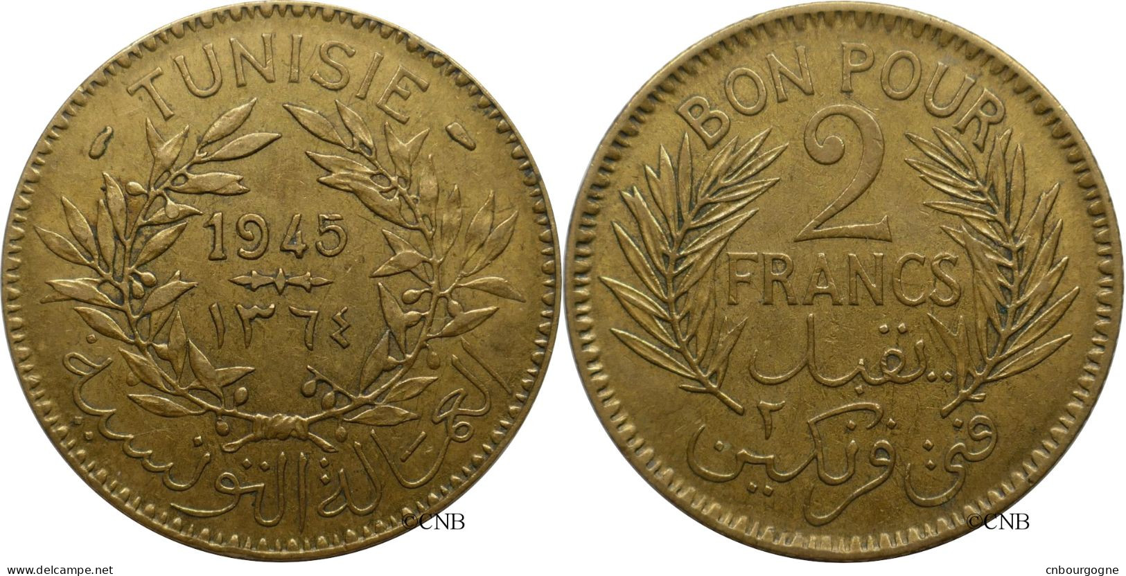 Tunisie - Protectorat Français - Lamine Bey - 2 Francs 1945-AH1364 - TTB+/AU50 - Mon5436 - Túnez