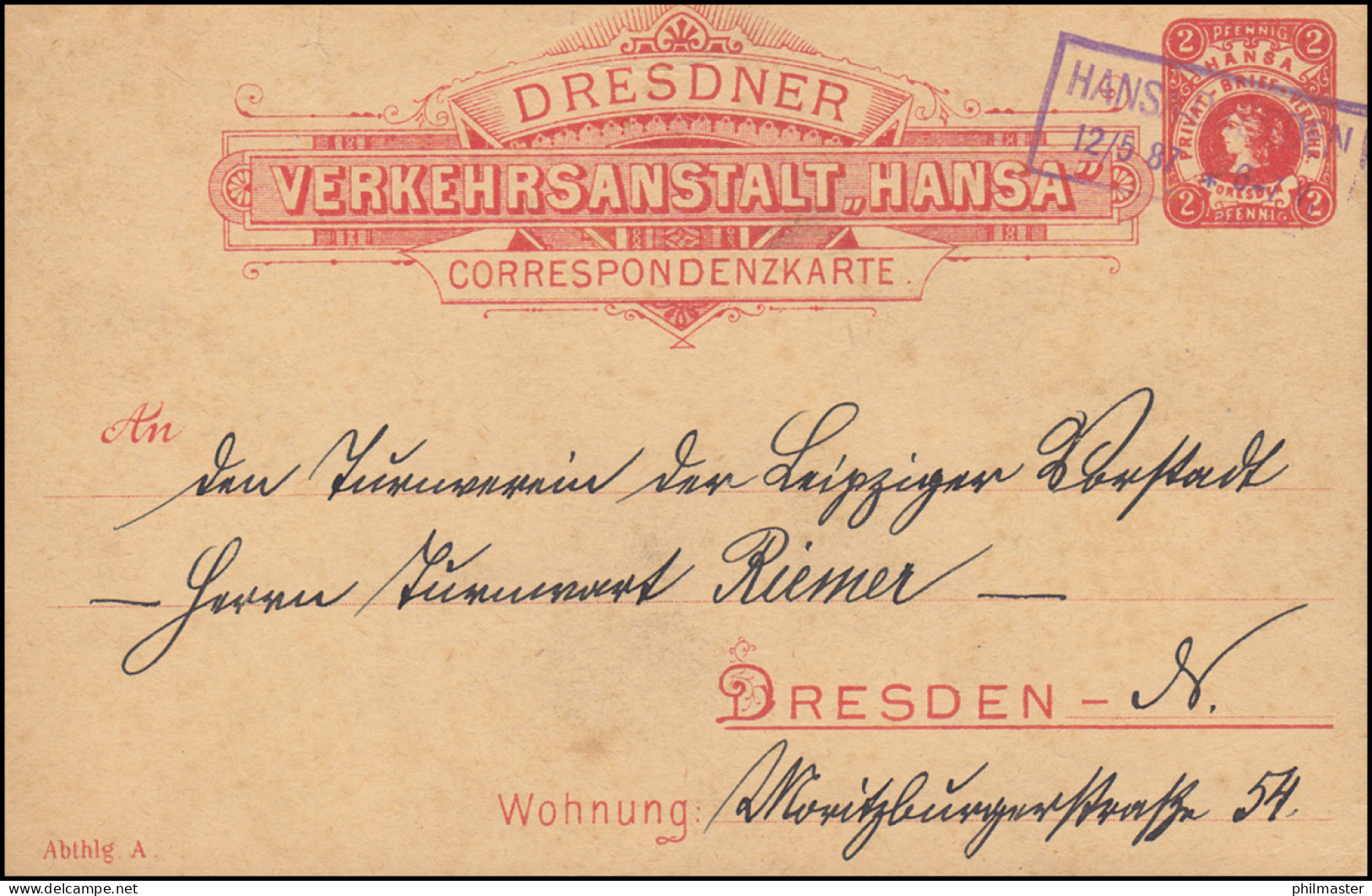 Privatpostkarte Dresdner Verkehrsanstalt Hansa, Rahmen-O HANSA-DRESDEN 12.5.1887 - Privatpost