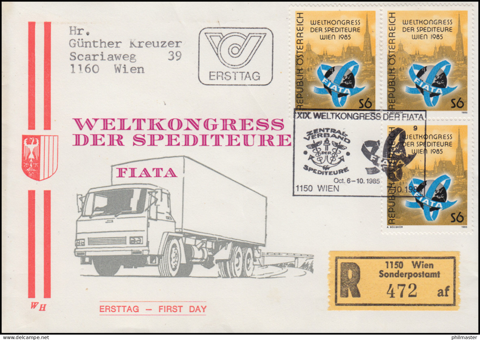 Österreich Weltkongrss Der Spediteure FIATA Schmuck-R-FDC 1985 Sonder-R-Zettel - Trucks