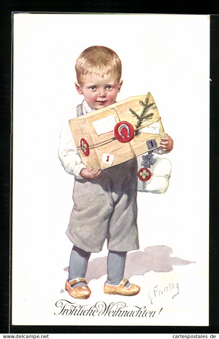 Künstler-AK Karl Feiertag: Kleiner Junge Mit Einem Paket, Weihnachtsgruss  - Feiertag, Karl