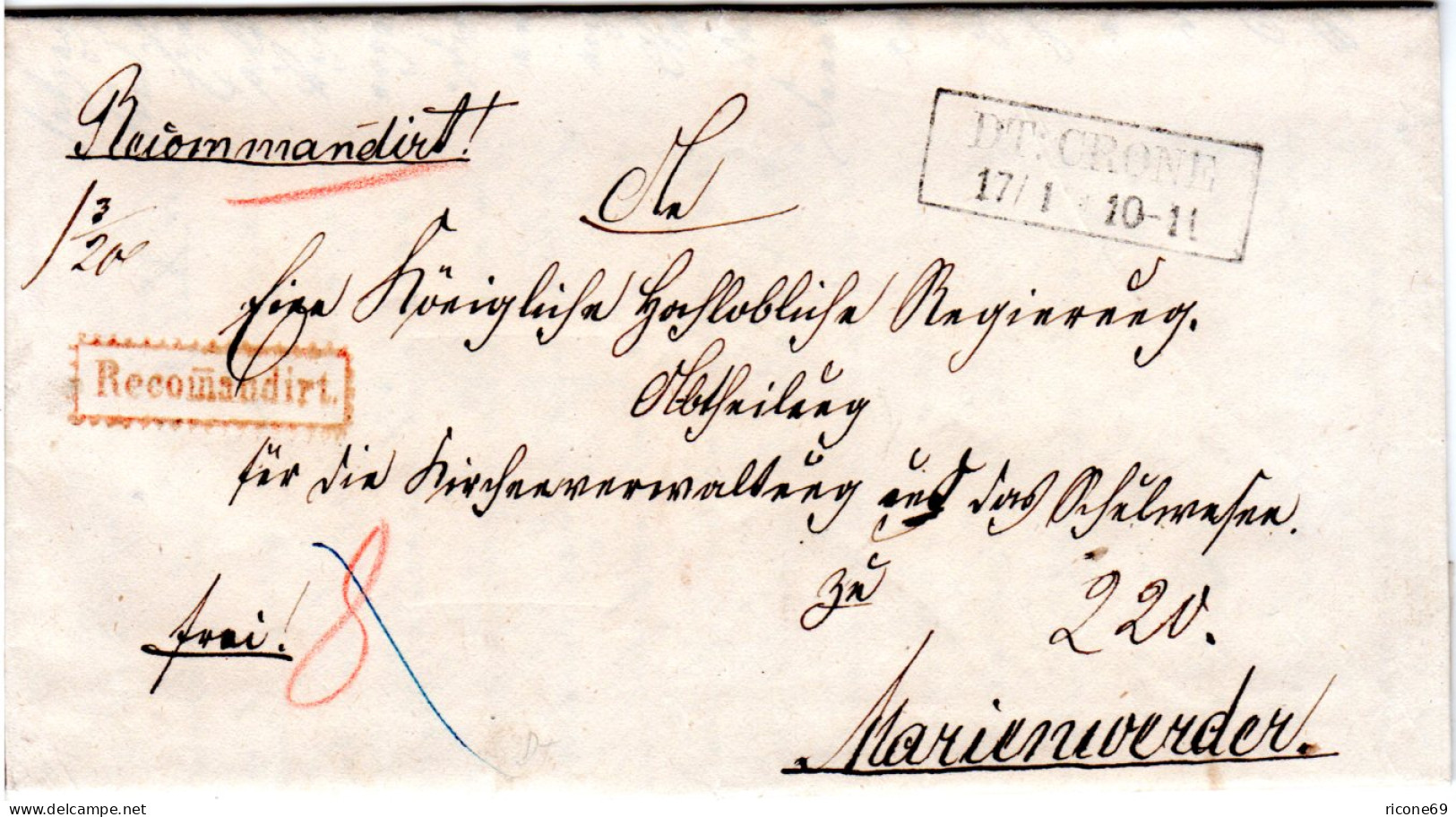 Preussen 1859, R2 DT:CRONE Auf Einschreiben-Brief V. Rosenfelde N. Marienwerder - Briefe U. Dokumente