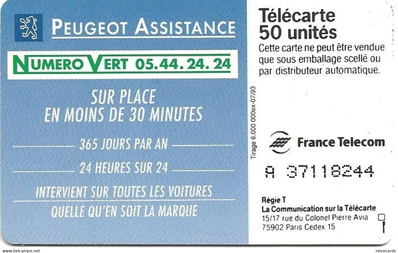 France: France Telecom 07.93 F387 Peugeot Assistance - 1993