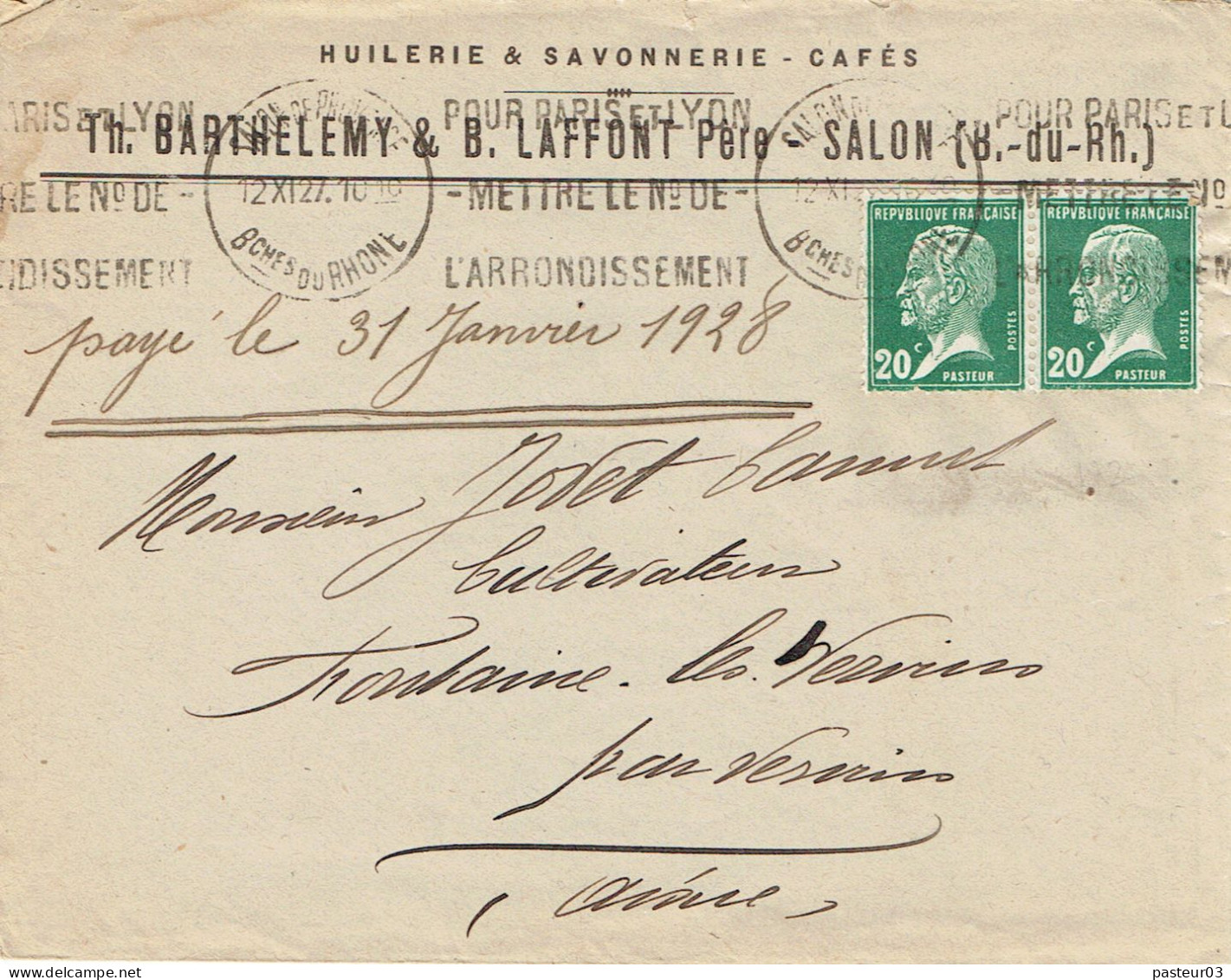 Tarifs Postaux France Du 09-08-1926 (129) Pasteur N° 172 20 C. X 2 Factures 40 C. 12-09-1927 - 1922-26 Pasteur