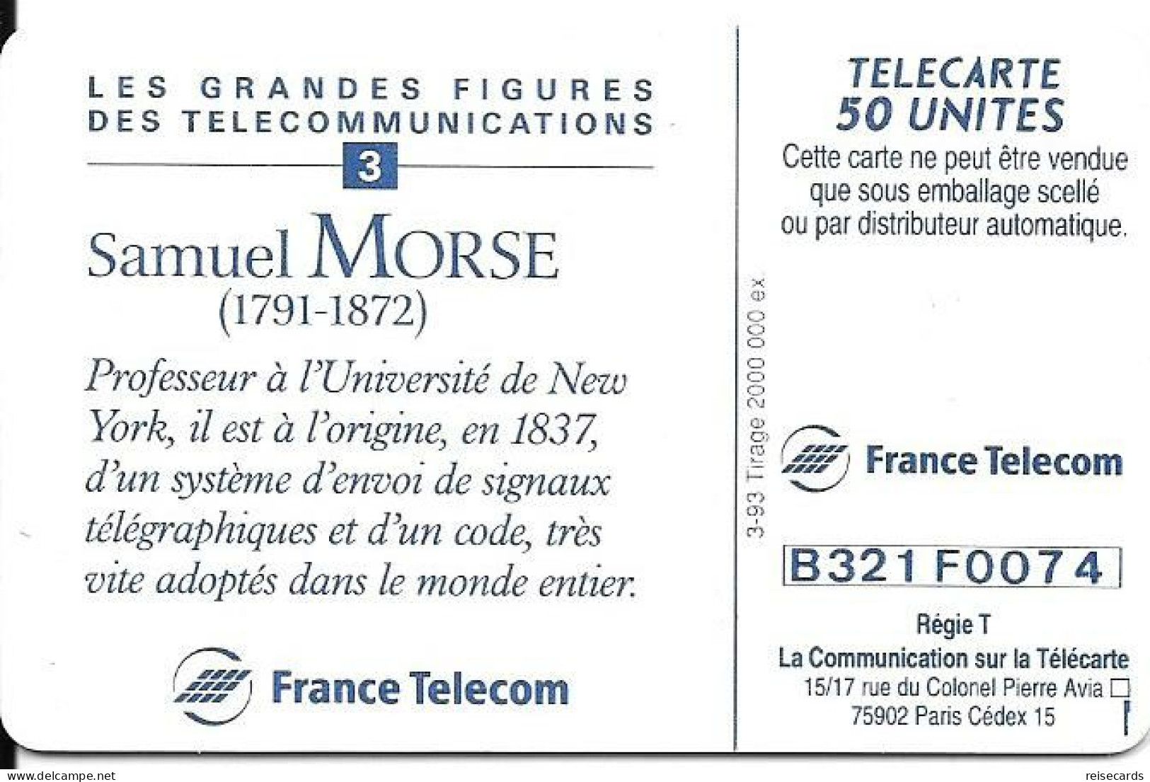 France: France Telecom 03.93 F340 Les Grandes Figures, Samuel Morse - 1993