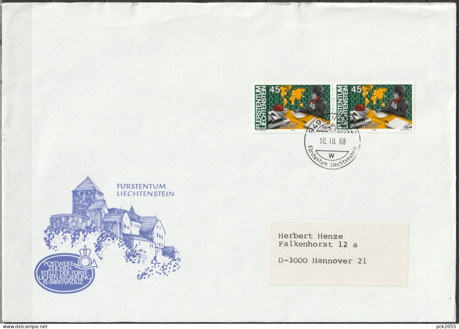 Lichtenstein 1984 MiNr.853 Paar Brief Mensch Und Arbeit Stempel VADUZ10.10.88( Dg 298 ). - Covers & Documents