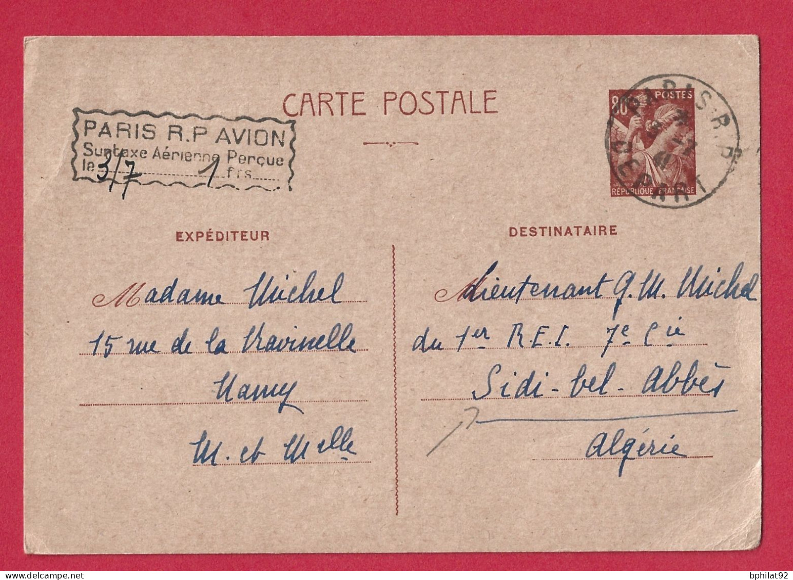 !!! ENTIER POSTAL IRIS À 80C AVEC SURTAXE AÉRIENNE, DE LA FRANCE POUR UN LÉGIONNAIRE À SIDI BEL ABBÈS, ALGÉRIE DE 1941 - Lettres & Documents