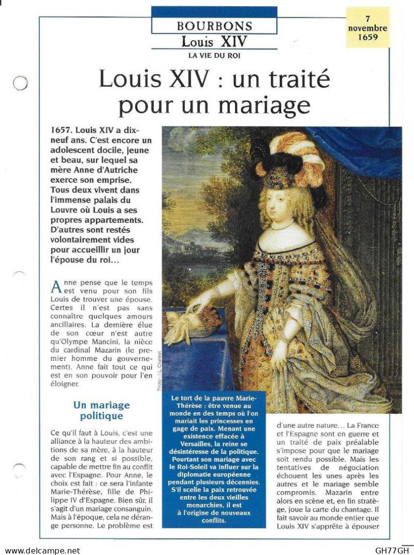 FICHE ATLAS: LOUIS XIV UN TRAITE POUR UN MARIAGE -BOURBONS - Storia