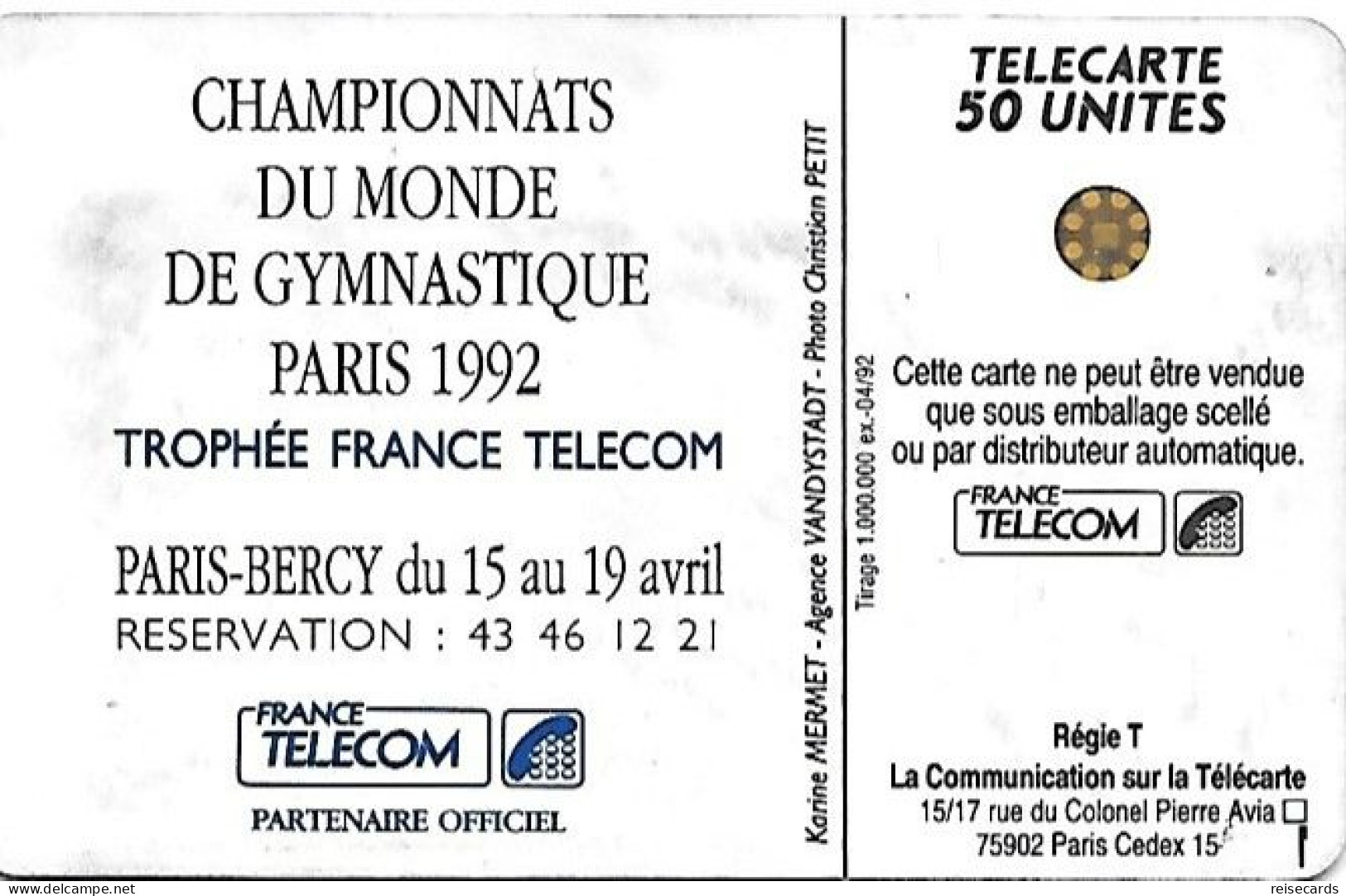 France: France Telecom 04/92 F267 Championats Du Monde De Gymnastique Paris 1992 - 1992