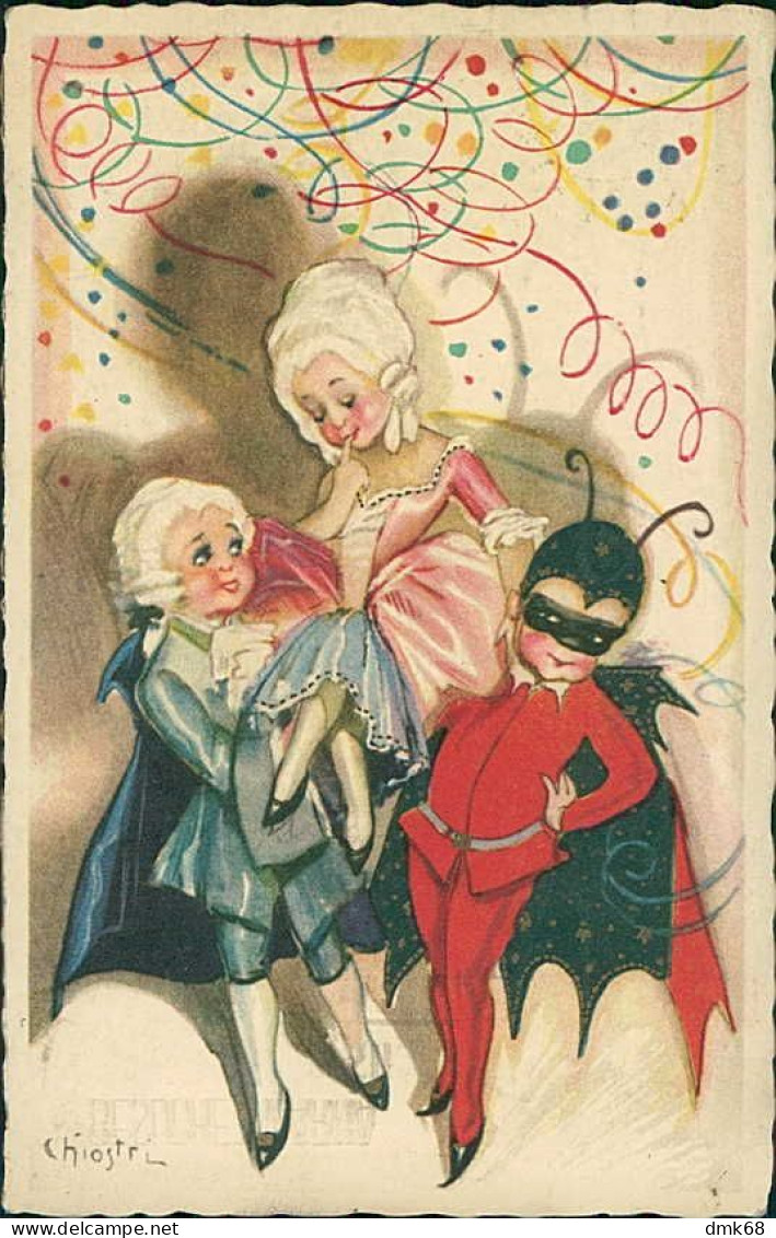 CHIOSTRI SIGNED 1920s POSTCARD - BOYS & GILRS & CARNIVAL & DEVIL MASK  - EDIT BALLERINI & FRATINI 303 (5611) - Chiostri, Carlo