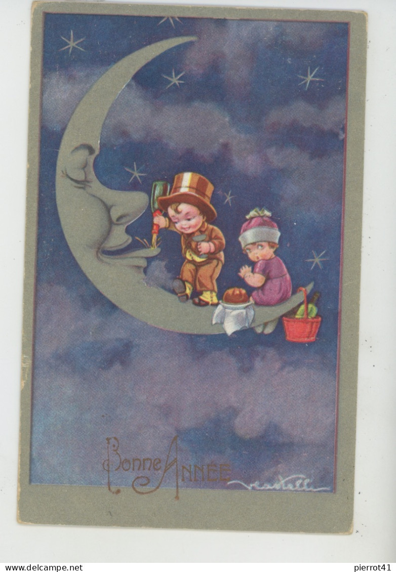 Illustrateur CASTELLI - Jolie Carte Fantaisie Enfants Sur Croissant De Lune Humanisée De "Bonne Année" - DEGAMI 3046 - Castelli