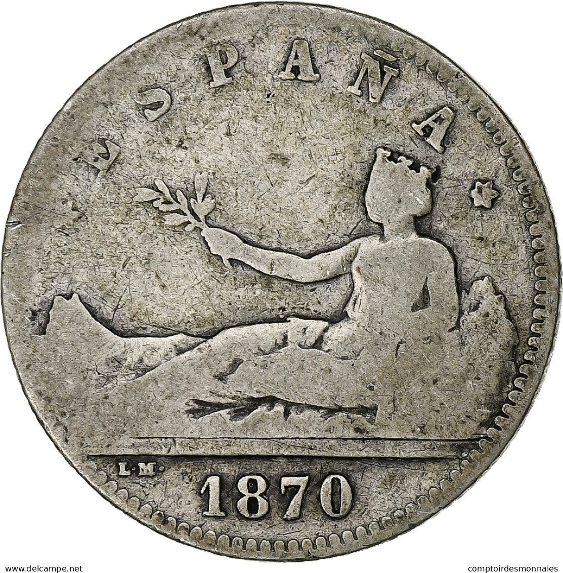 Espagne, Peseta, 1870, Argent, B+ - Primi Conii