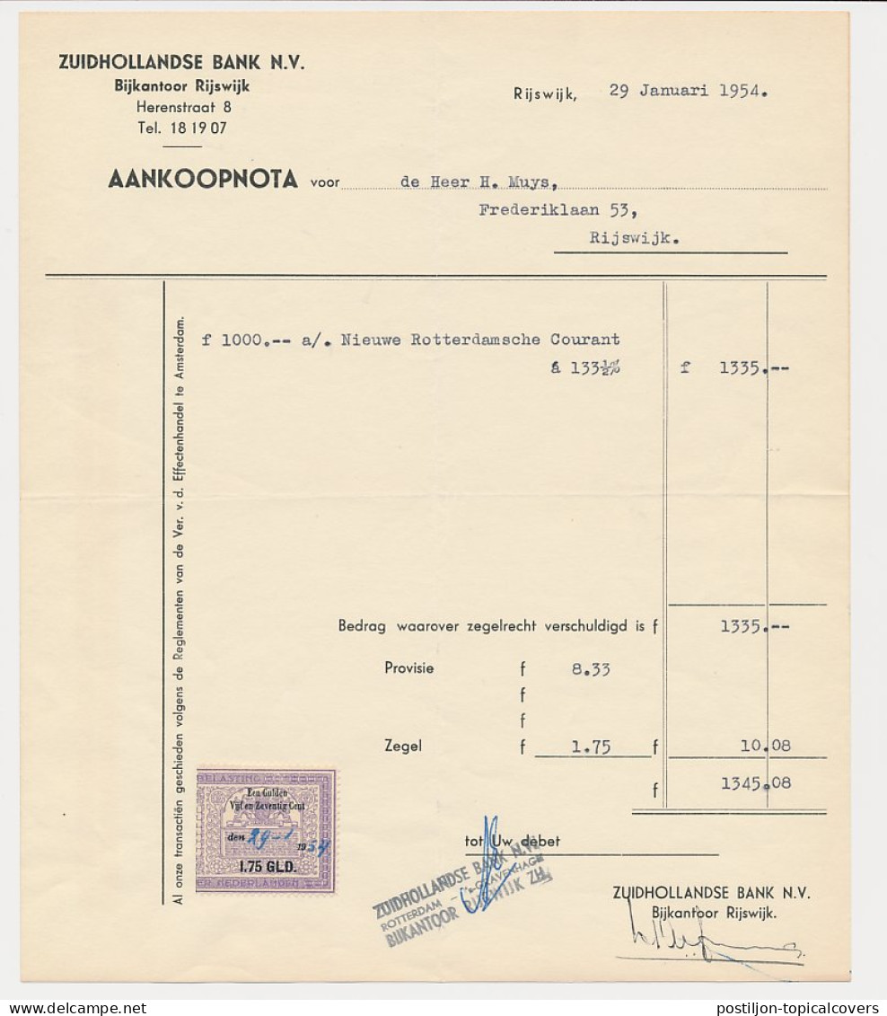 Beursbelasting 1.75 GLD. Den 19.. - Rijswijk 1954 - Fiscale Zegels