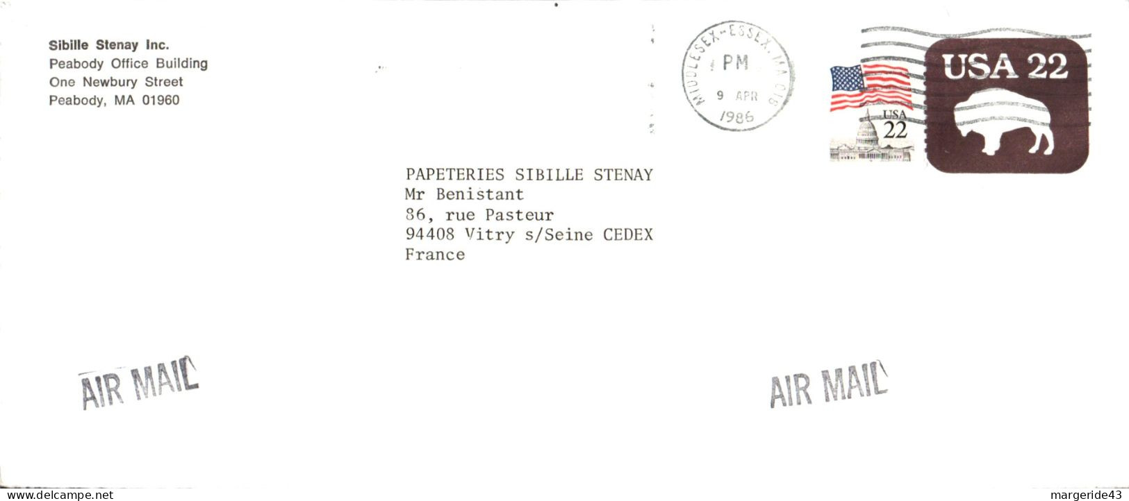 USA ETATS UNIS AFFRANCHISSEMENT COMPOSE SUR ENTIER POUR LA FRANCE 1986 - Cartas & Documentos