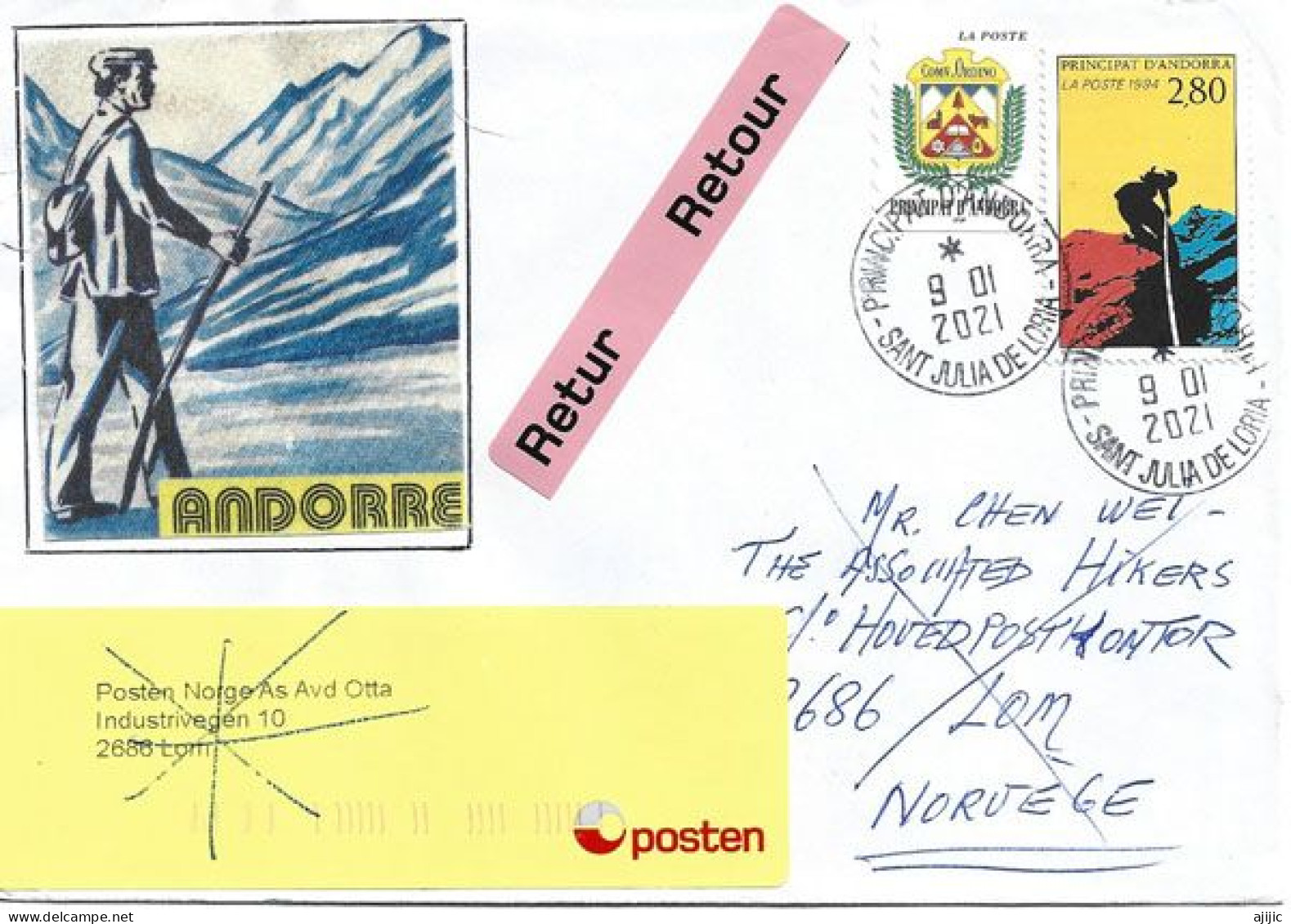 Letter To Lom, Norway, From Andorra, Return To Sender .  2 Pics  Front & Back Cover - Lettres & Documents