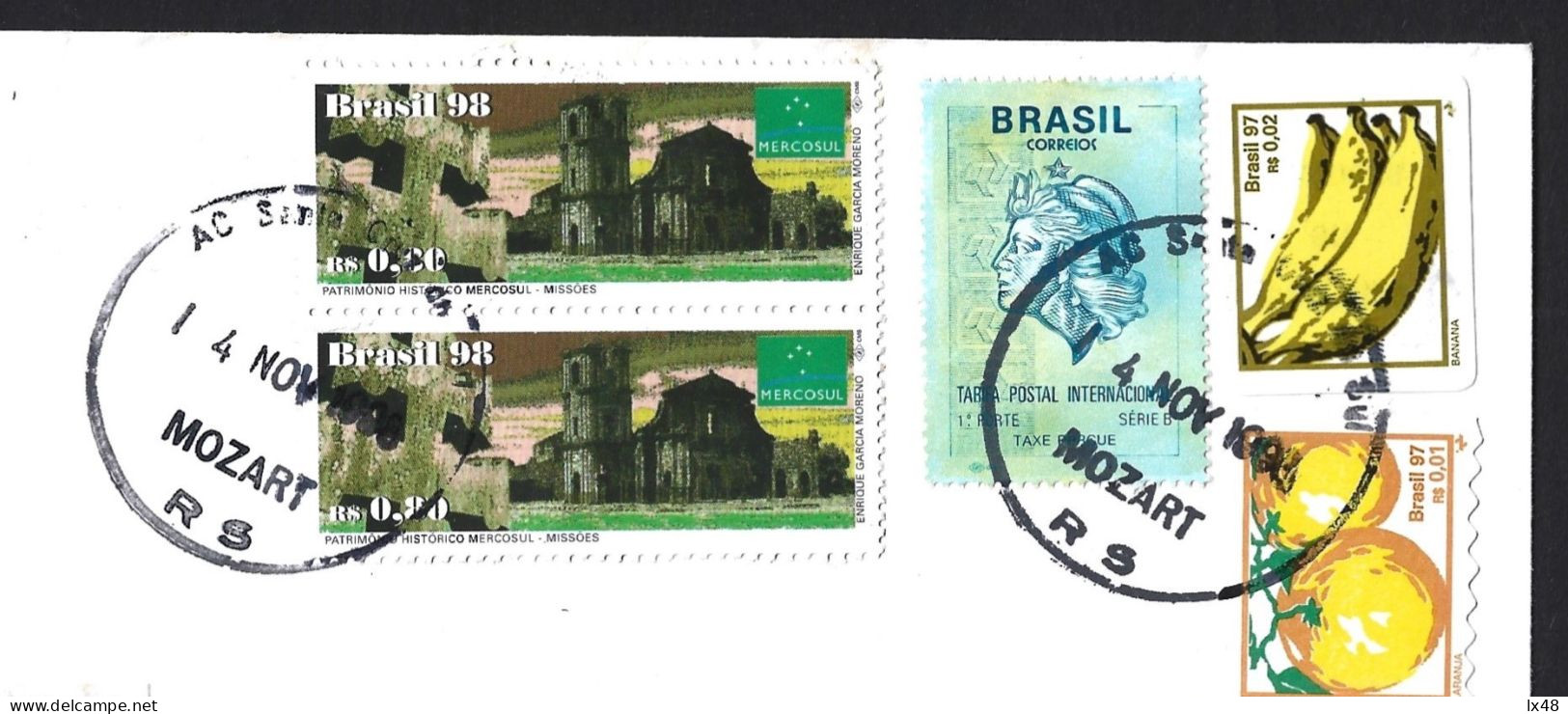 Letter Registered In Mozart, Brazil. Stamps Missões, Mercosul. Bananas, Oranges Labels.Carta Registada Em Mozart, Brasil - Covers & Documents