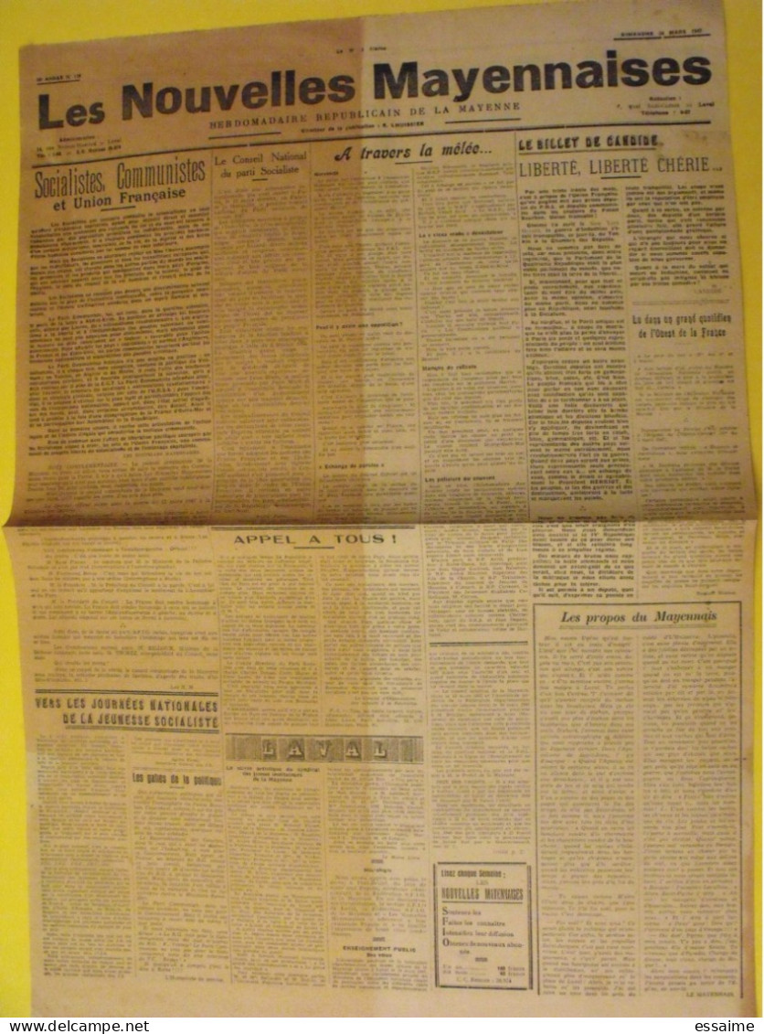 Les Nouvelles Mayennaises N° 129 Du 30 Mars 1947. Mayenne Laval Lhuissier Socialistes - Pays De Loire