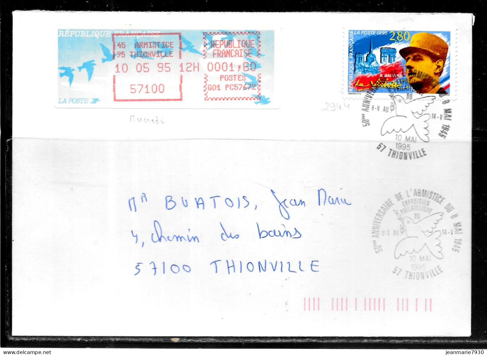 F254 - TIMBRE DE DISTRIBUTEUR Et N° 2944 SUR LETTRE DE THIONVILLE DU 10/05/95 - 50ème ANNIVERSAIRE DE LA LIBERATION - 1990 Type « Oiseaux De Jubert »