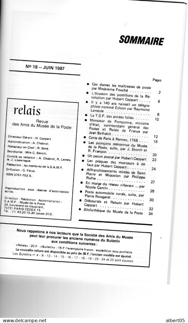 Relais - N°18- Juin 1987 -   Revue Des Amis Du Musée De  La Poste - Avec Sommaire -TSF  Mr De Pomponne....... - Filatelia E Storia Postale
