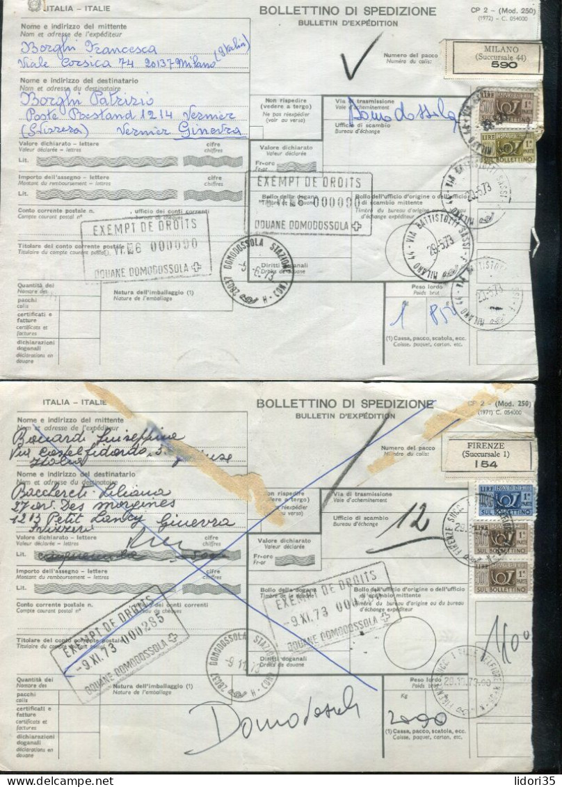 "ITALIEN" 1973, 2 Auslandspaketkarten In Die Schweiz, Frankatur ! (L1161) - Postpaketten