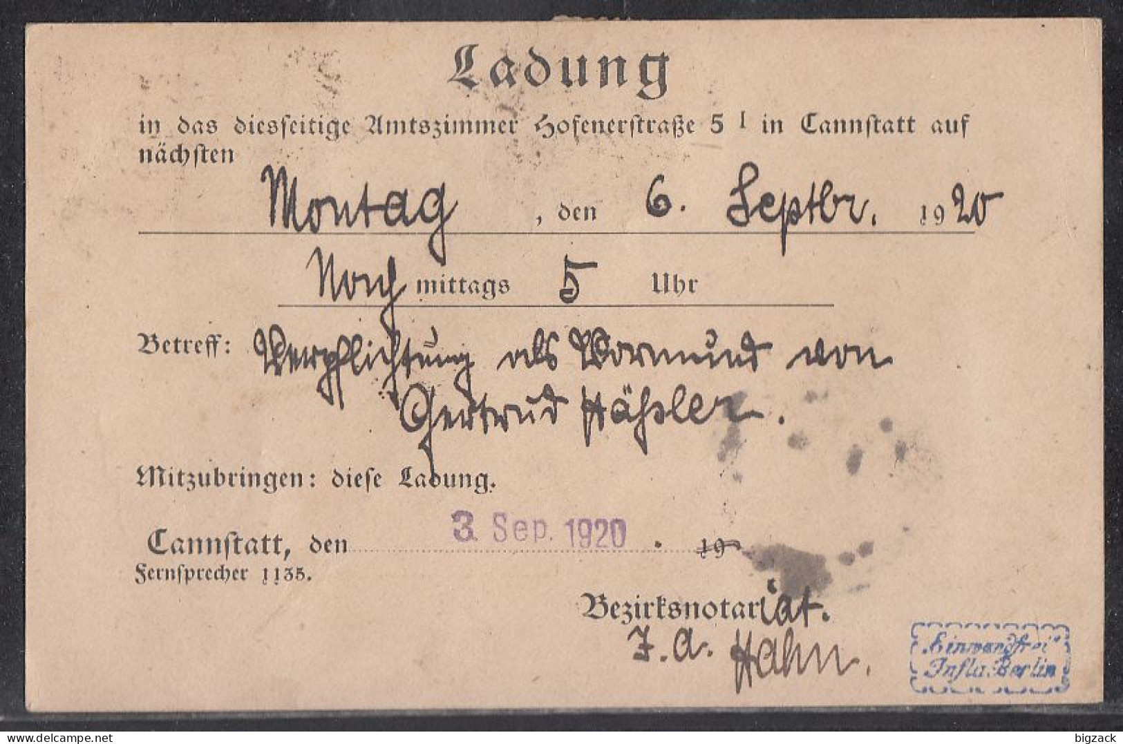 Württemberg Orts-Ganzsache Minr.DP 49/02 Zfr. DR Minr.D57, D60 Cannstadt 3.9.20 Geprüft - Lettres & Documents