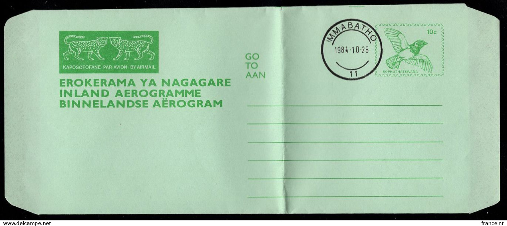 BOPHUTHATSWANA(1984) Leopards. Bird. 10c Illustrated Aerogramme. FDC Cancel. Folded Across Middle. - Bophuthatswana