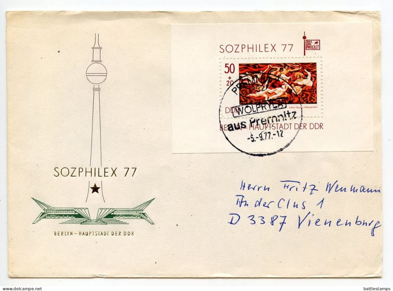 Germany, East 1977 Cover; Premnitz To Vienenburg; 50pf.+20pf. SOZPHILEX77 Philatelic Exhibition Souvenir Sheet - Briefe U. Dokumente