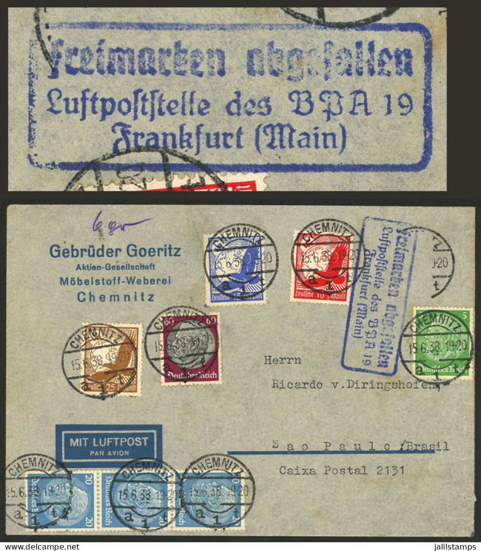 GERMANY: POSTAL ACCIDENT: Airmail Cover Sent From Chemnitz To Sao Paulo (Brazil) On 15/JUL/1938, The Original Franking F - Autres & Non Classés