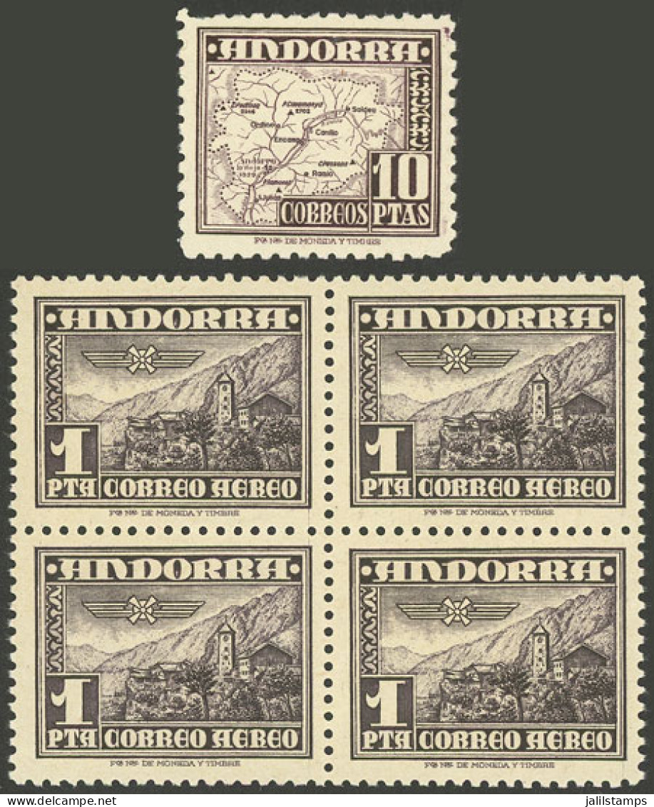 SPANISH ANDORRA: Yvert 1 In Block Of 4 + Definitive Stamp Yvert 51, All MNH And Of Excellent Quality, Catalog Value Euro - Autres & Non Classés