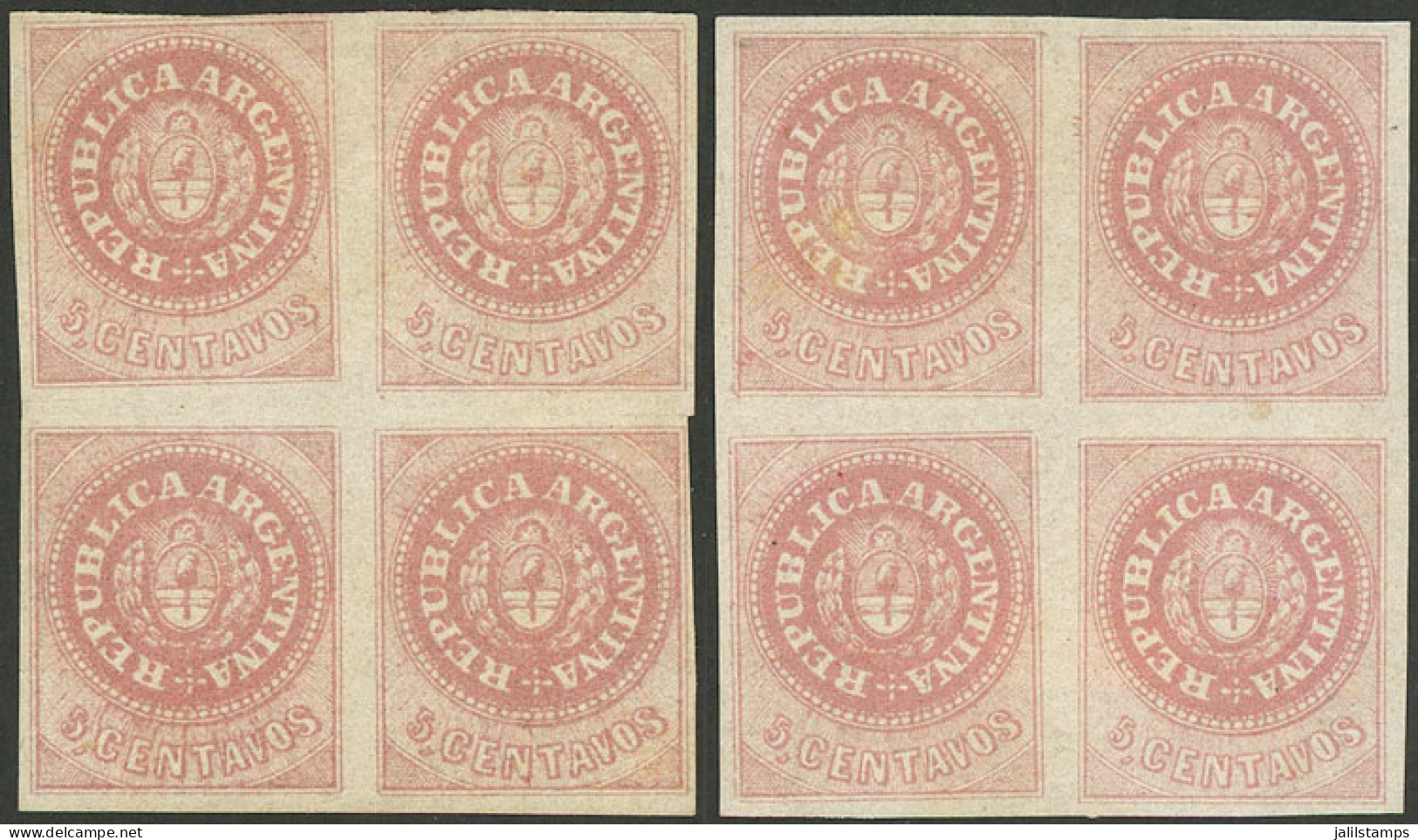 ARGENTINA: GJ.10, 5c. Without Accent Over The U, 2 Mint Blocks Of 4 With Original Gum (+50%), In Rose And Dull Rose, Ver - Andere & Zonder Classificatie