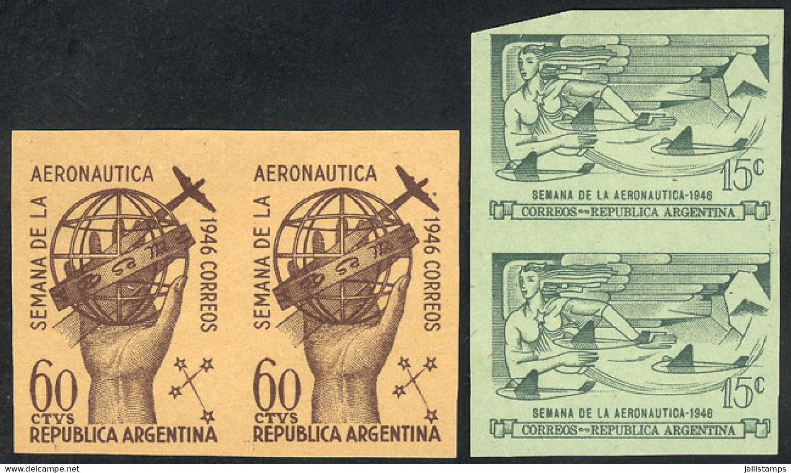 ARGENTINA: GJ.933/4, 1946 Aeronautics Week, PROOFS In The Adopted Colors, Imperforate Pairs On Ordinary Paper, VF Qualit - Andere & Zonder Classificatie