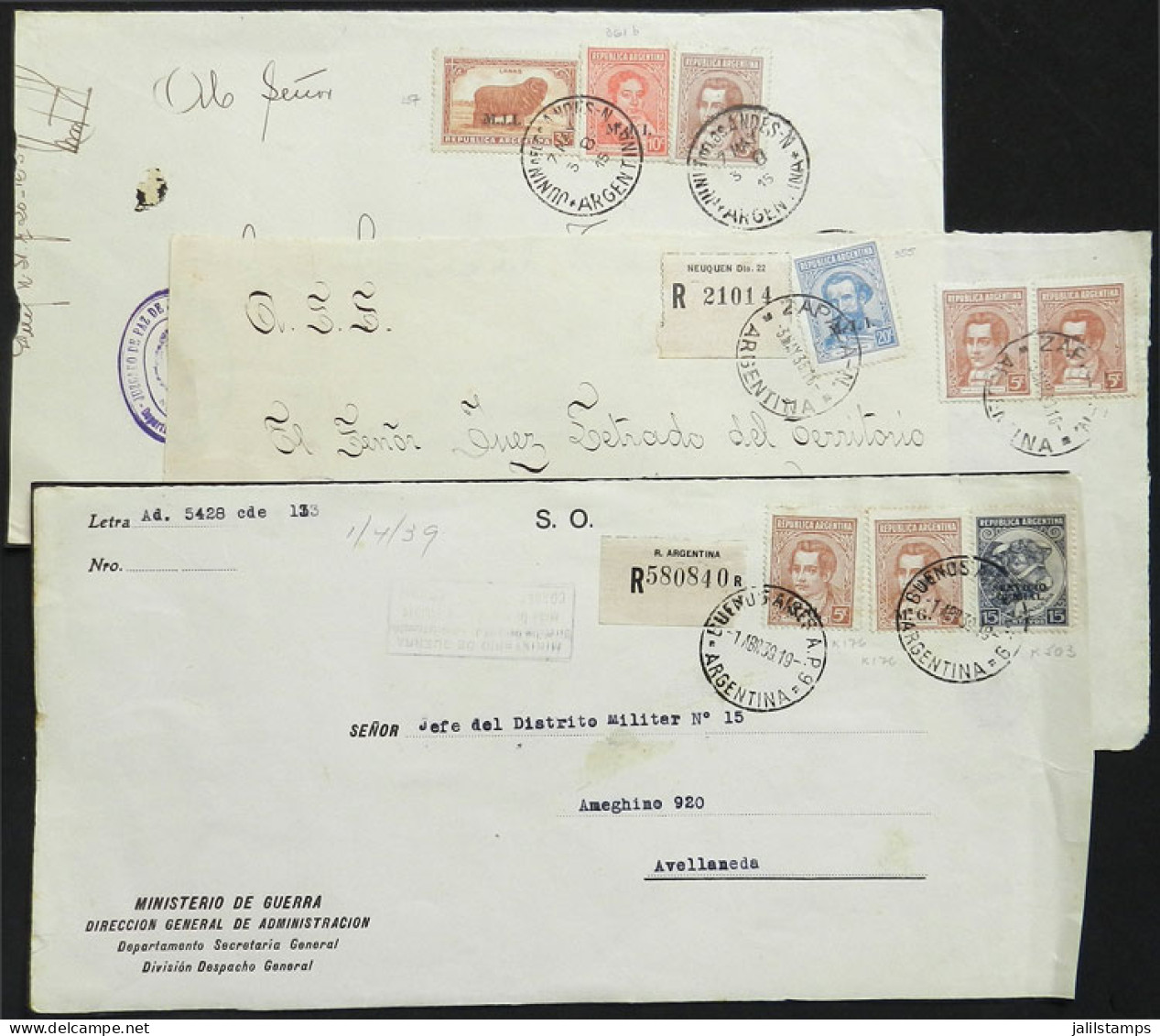 ARGENTINA: 3 Fronts Of Registered Covers Used In 1938/9 With MIXED POSTAGES Combining Official Stamps + Definitive Stamp - Other & Unclassified