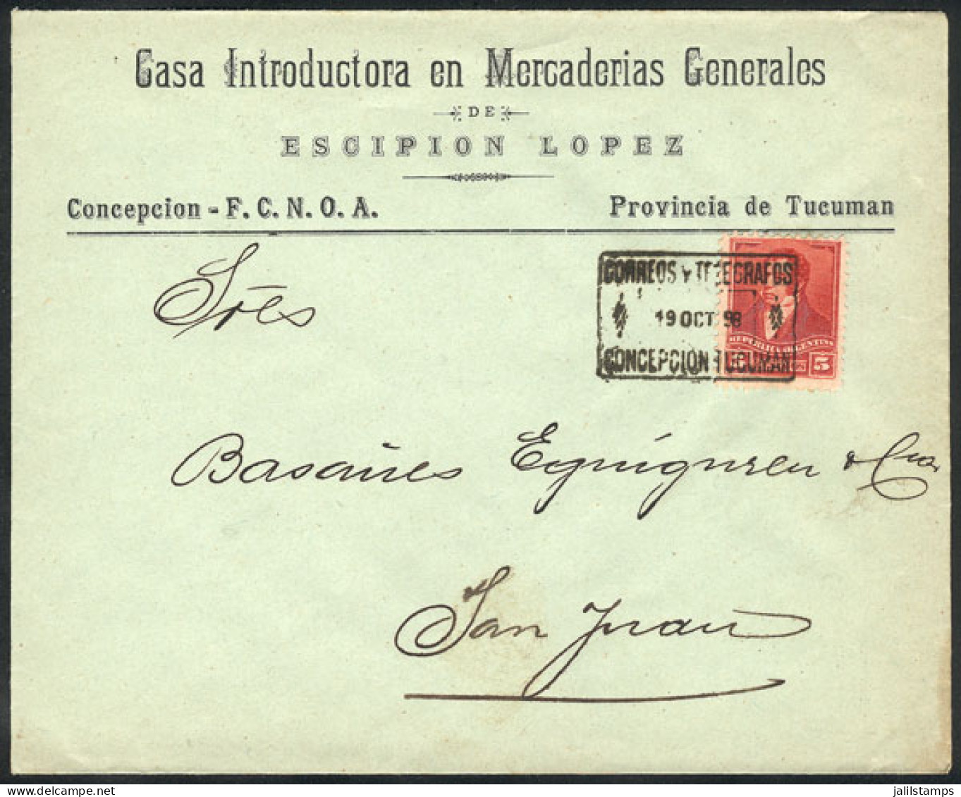 ARGENTINA: Cover Posted To San Juan On 19/OC/1898 Franked With 5c., With Rectangular Datestamp Of CONCEPCIÓN (Tucumán),  - Andere & Zonder Classificatie