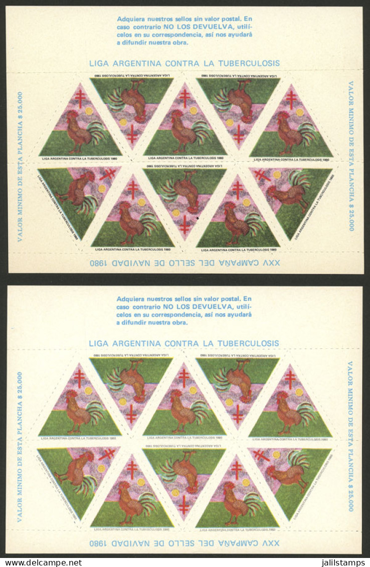 ARGENTINA: Argentine League Of Fight Against Tuberculosis: Year 1980 (rooster), 2 Complete Sheets Of 10 Cinderellas (dif - Erinnofilie