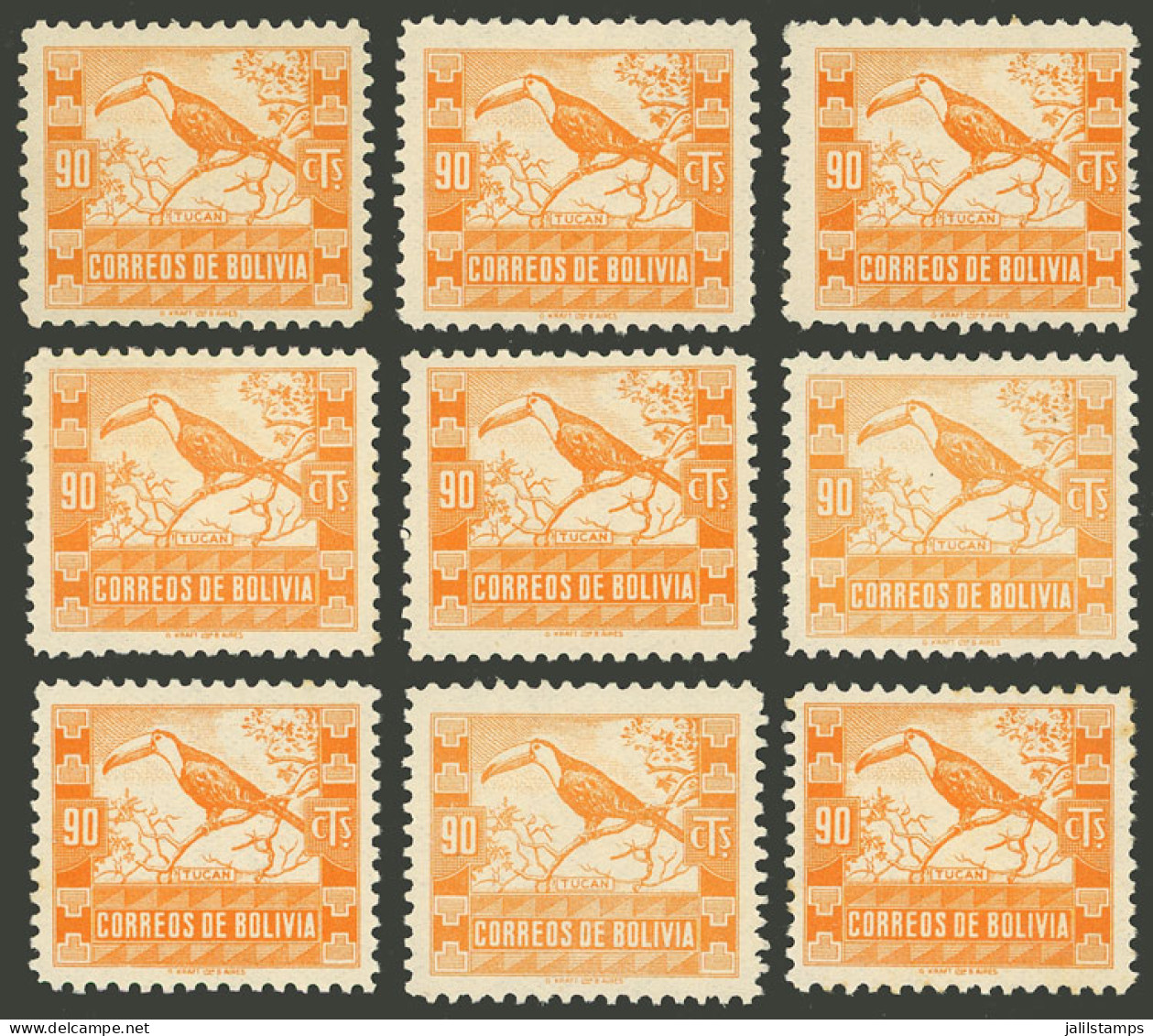 BOLIVIA: GJ.234, 1939 90c. Toucan, 9 Stamps With "broken Branch" Variety, Some Different Among Them, And Varied Shades,  - Bolivien